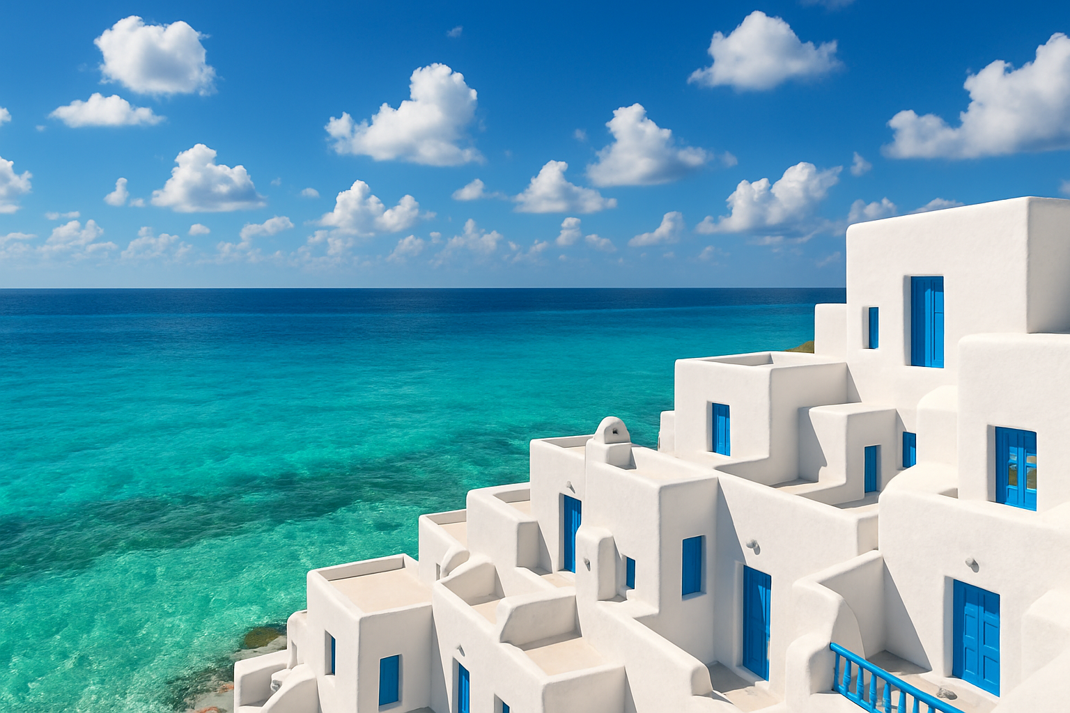 tropical sea with blue skies and white & blue Mykonos buildings