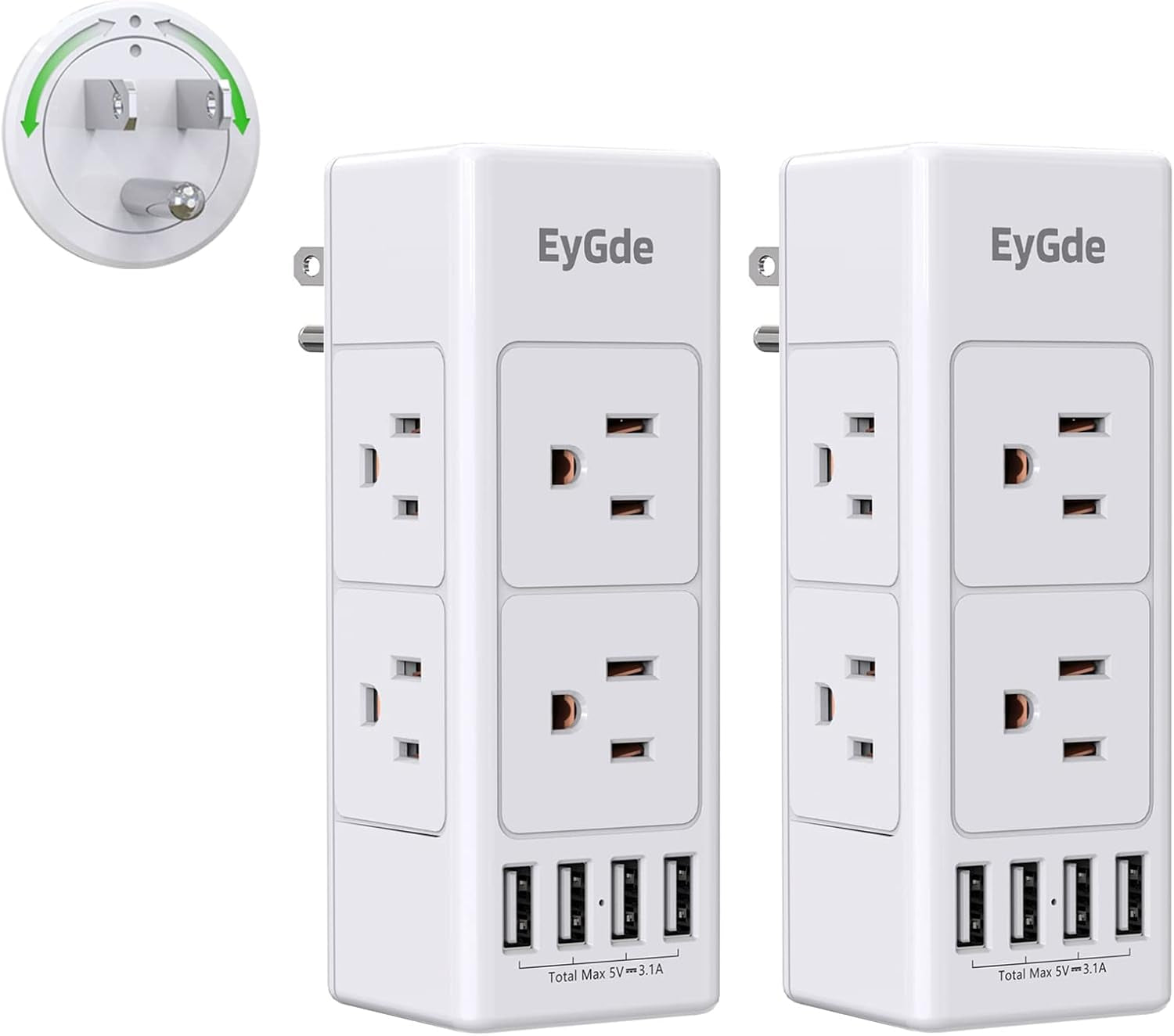 (2 Pack) Multi Plug Outlet Extender,  Outlet Splitter with Rotating Plug, 6 Wall Outlet Widely Space (3 Side) and 4 USB Ports, Wall Adapter Power Strip Surge Protector (1700J) for Travel, Office