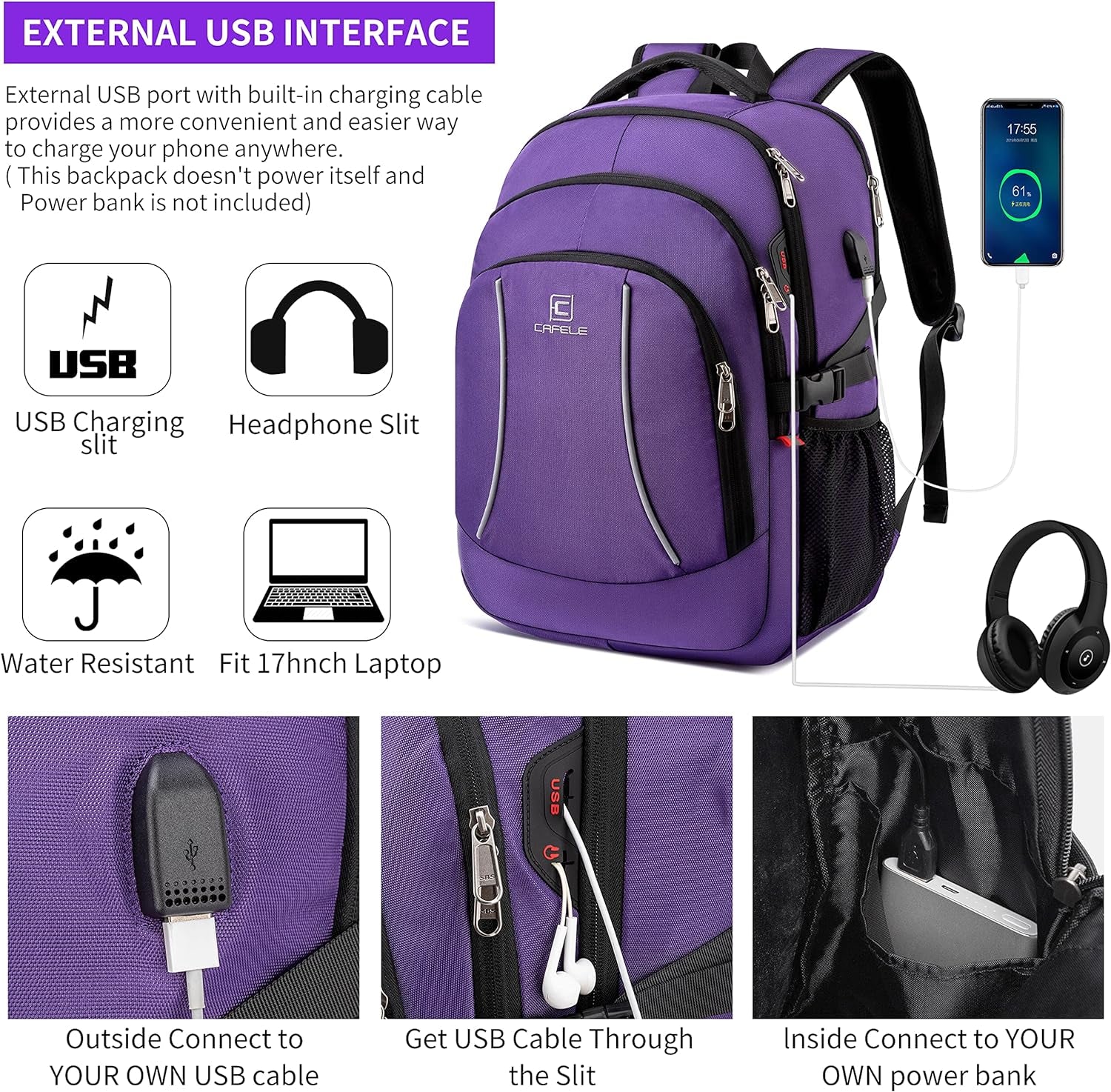 Travel Laptop Backpack,17.3 Inch Large Capacity College School Bookbags,Rfid anti Theft Pocket,Durable Water Resistant Backpacks Computer Bagpack for Women Girls Teenagers Casual Daypack,Purple