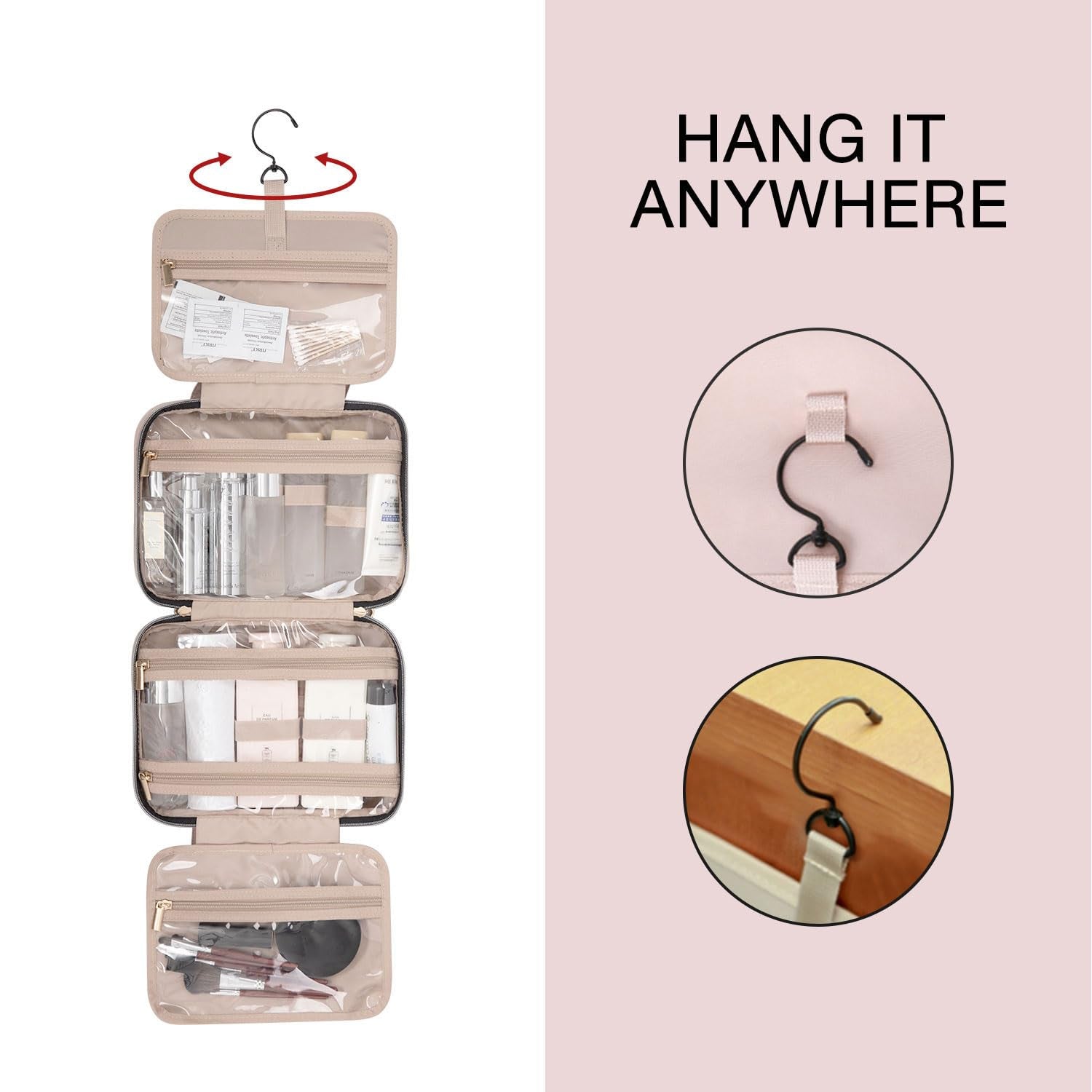 Toiletry Bag Travel Bag with Hanging Hook, Water-Resistant Makeup Cosmetic Bag Travel Organizer for Accessories, Shampoo, Full-Size Container, Toiletries (Baby Pink, Medium)