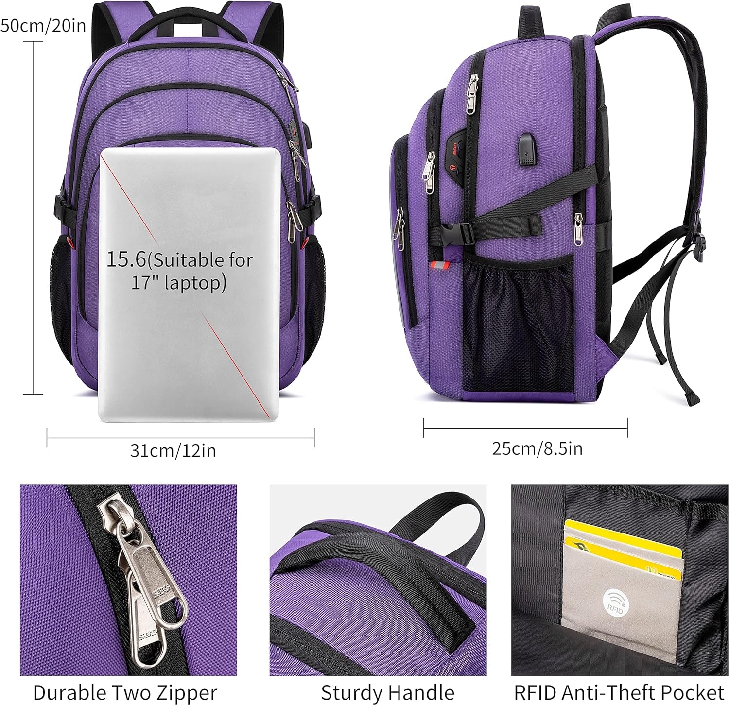 Travel Laptop Backpack,17.3 Inch Large Capacity College School Bookbags,Rfid anti Theft Pocket,Durable Water Resistant Backpacks Computer Bagpack for Women Girls Teenagers Casual Daypack,Purple