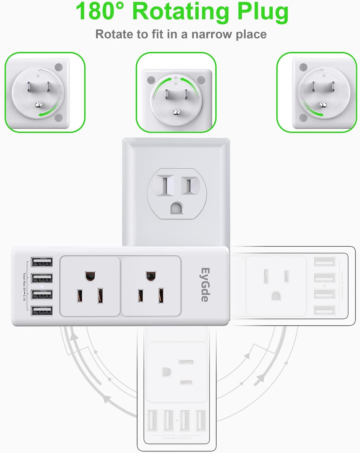 (2 Pack) Multi Plug Outlet Extender,  Outlet Splitter with Rotating Plug, 6 Wall Outlet Widely Space (3 Side) and 4 USB Ports, Wall Adapter Power Strip Surge Protector (1700J) for Travel, Office