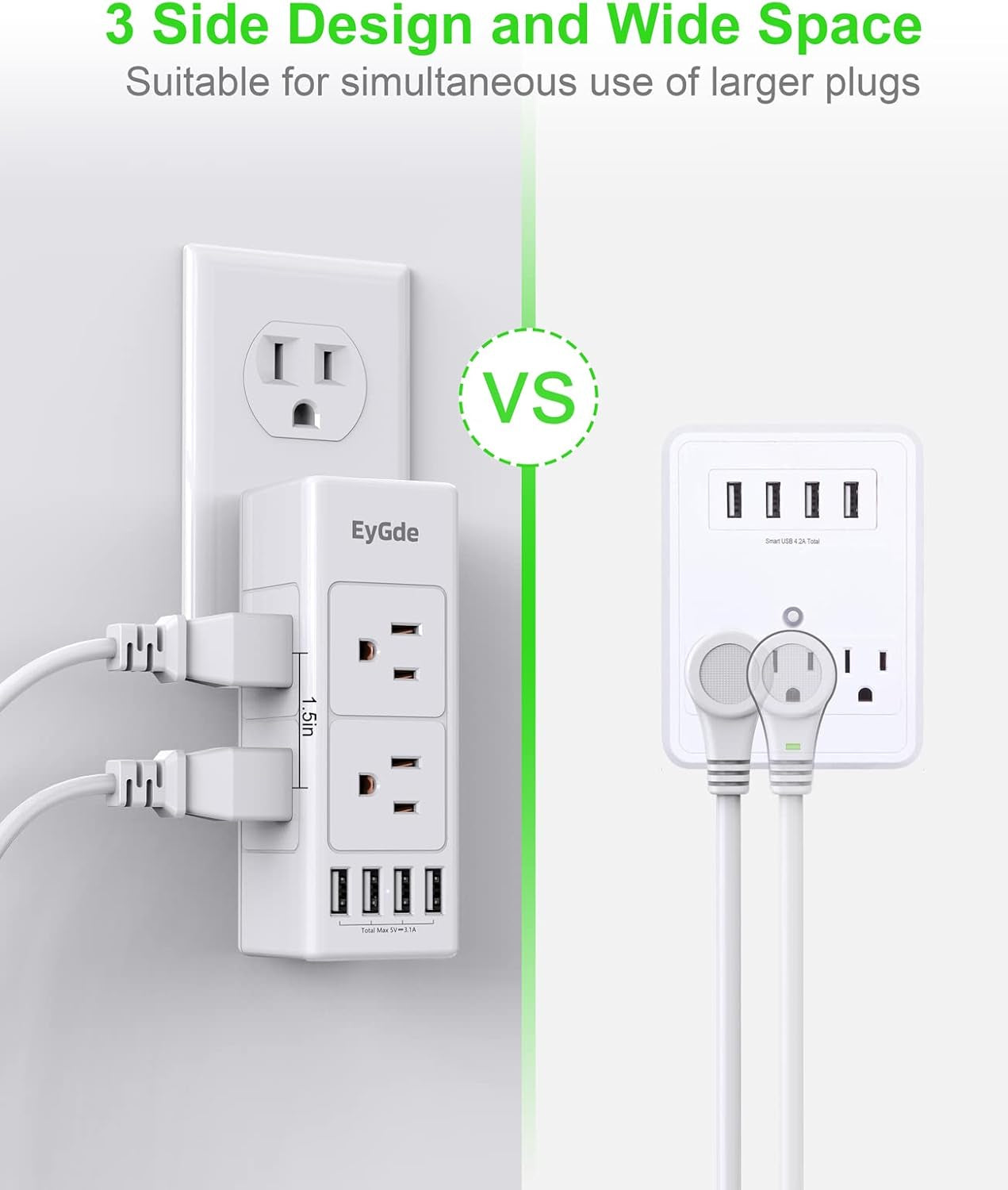 (2 Pack) Multi Plug Outlet Extender,  Outlet Splitter with Rotating Plug, 6 Wall Outlet Widely Space (3 Side) and 4 USB Ports, Wall Adapter Power Strip Surge Protector (1700J) for Travel, Office