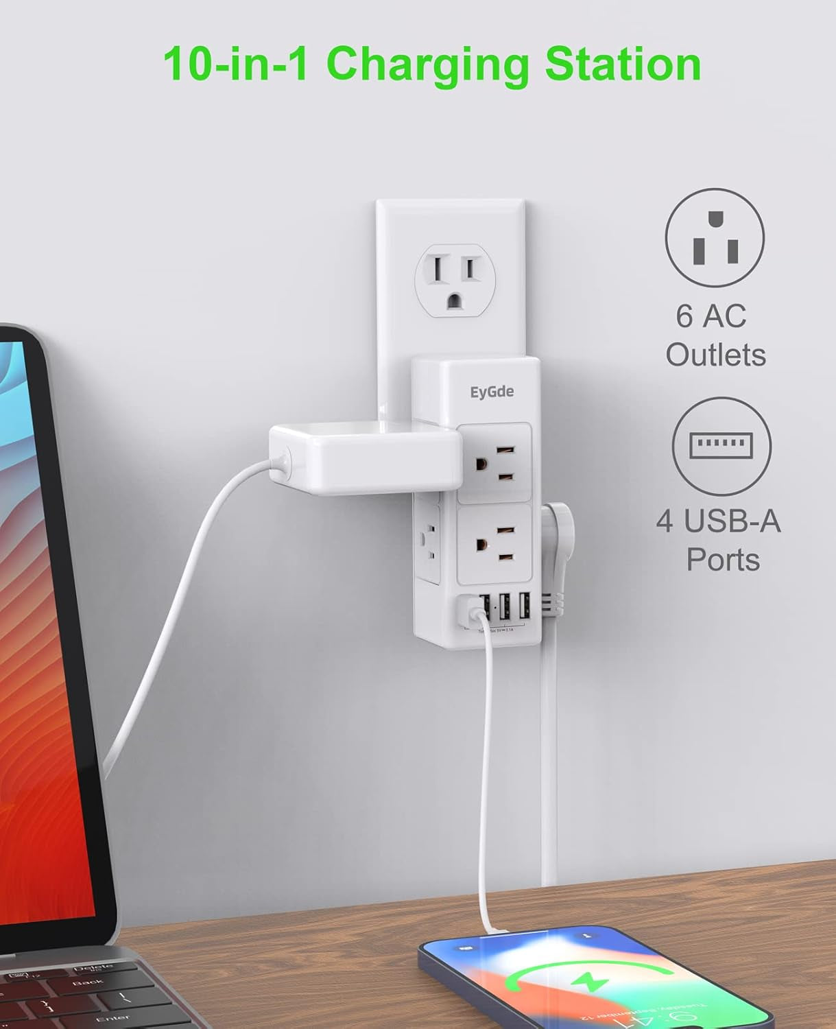 (2 Pack) Multi Plug Outlet Extender,  Outlet Splitter with Rotating Plug, 6 Wall Outlet Widely Space (3 Side) and 4 USB Ports, Wall Adapter Power Strip Surge Protector (1700J) for Travel, Office
