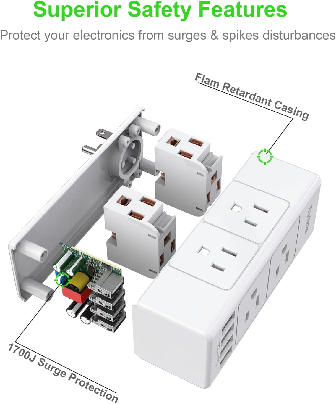 (2 Pack) Multi Plug Outlet Extender,  Outlet Splitter with Rotating Plug, 6 Wall Outlet Widely Space (3 Side) and 4 USB Ports, Wall Adapter Power Strip Surge Protector (1700J) for Travel, Office