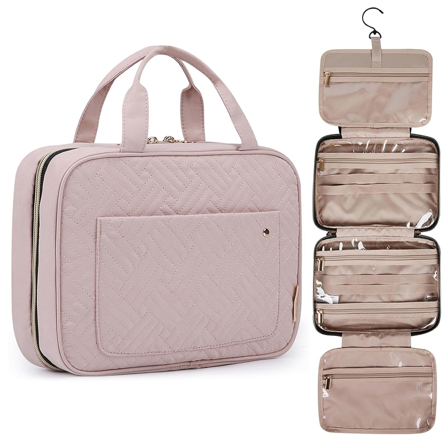 Toiletry Bag Travel Bag with Hanging Hook, Water-Resistant Makeup Cosmetic Bag Travel Organizer for Accessories, Shampoo, Full-Size Container, Toiletries (Baby Pink, Medium)