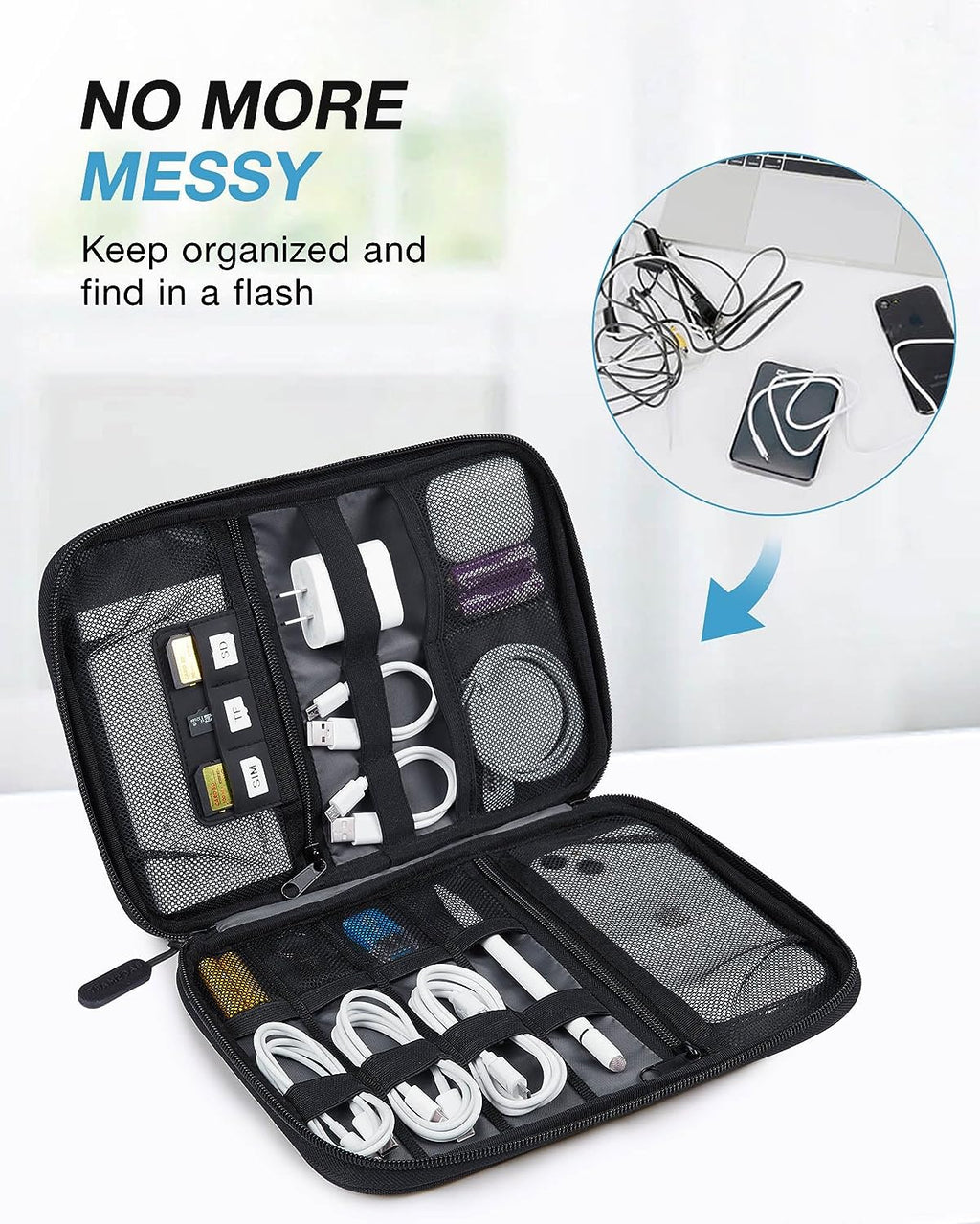 Large Electronics Travel Organizer Case, Tech Accessories Cord Storage Bag for Phone, Power Bank, SD Card, Cables, Black