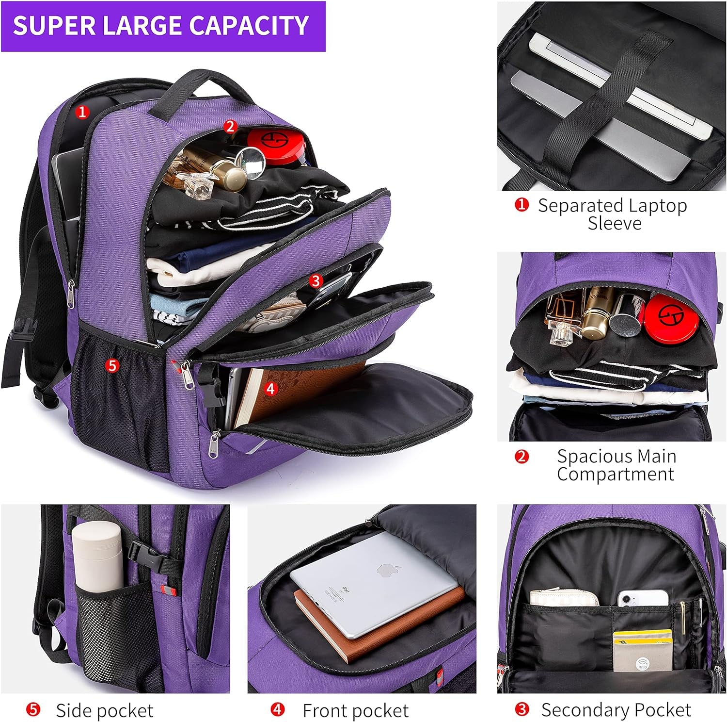 Travel Laptop Backpack,17.3 Inch Large Capacity College School Bookbags,Rfid anti Theft Pocket,Durable Water Resistant Backpacks Computer Bagpack for Women Girls Teenagers Casual Daypack,Purple